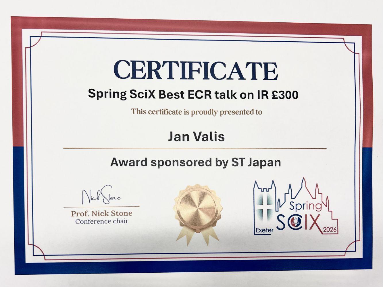 Ing. Jan Vališ oceněn na konferenci Spring SciX