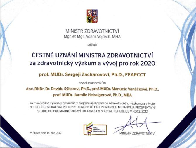 Čestné uznání ministra zdravotnictví za zdravotnický výzkum a vývoj 2020